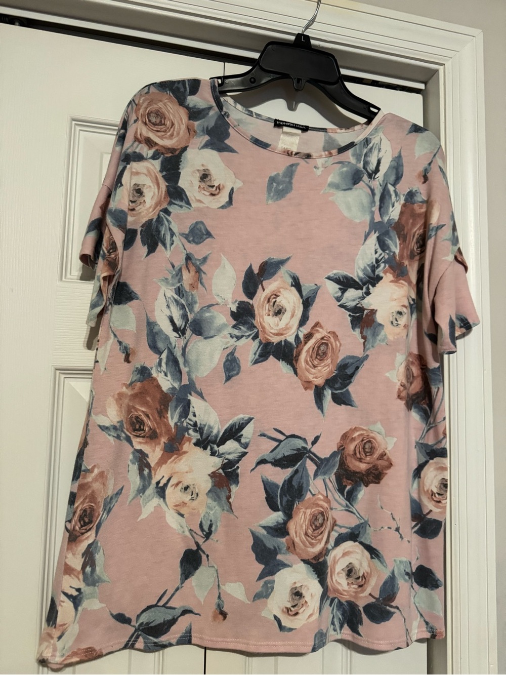 HEIMISH USA Pink Floral Short Sleeve Tee with Blue-Green Leaves